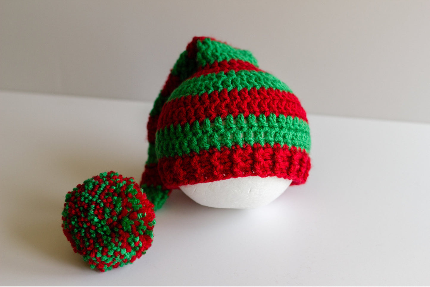 Crochet Christmas Elf Hat: Red and Green Long Tail Stocking Cap