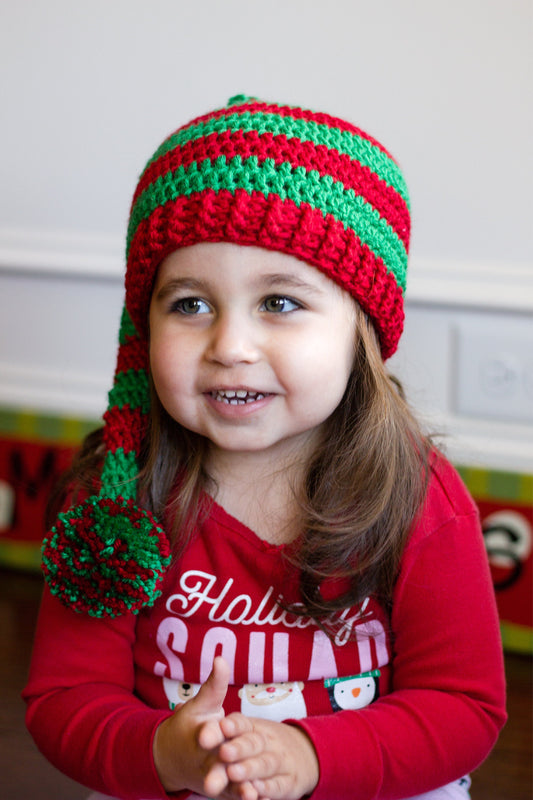 Crochet Christmas Elf Hat: Red and Green Long Tail Stocking Cap