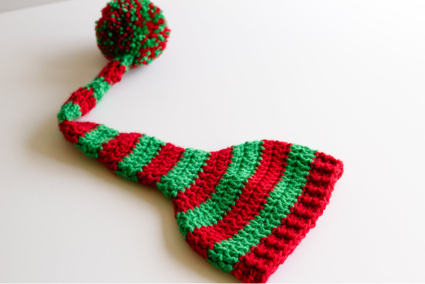 Crochet Christmas Elf Hat: Red and Green Long Tail Stocking Cap