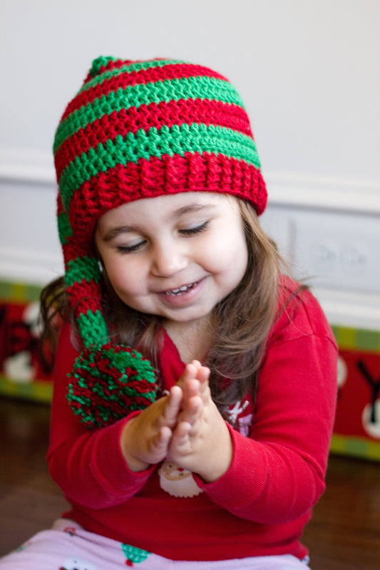 Crochet Christmas Elf Hat: Red and Green Long Tail Stocking Cap